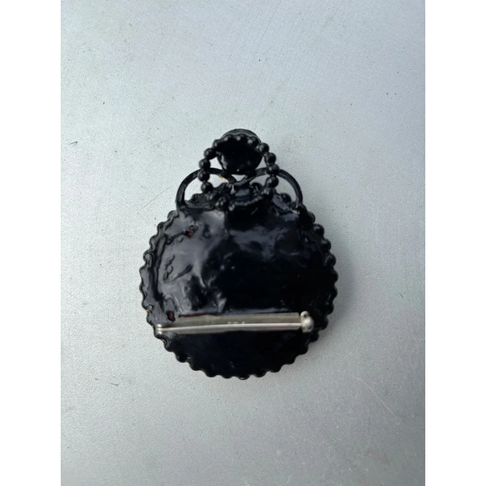 Vintage Red Carved Rose Cinnabar Style Brooch Black Beaded Floral‎ Pin 2 Inch
